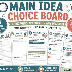 Op de afbeelding: Een kleurrijke educatieve poster getiteld "Main Idea Choice Board" met zes boeiende activiteiten voor groep 3-5. De poster bevat illustraties van een vergrootglas, een gloeilamp en een appel. De tekst benadrukt het gemak.