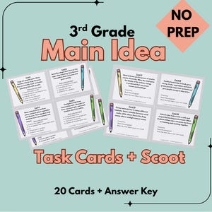 May include: A teal background features educational task cards for 3rd grade students. The cards are labeled "Main Idea" and include colorful pencils. The text on the cards is readable, and the set includes 20 cards and an answer key.