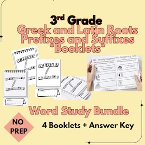 May include: A set of educational booklets for 3rd grade word study. The image displays booklets labelled "Suffixes", "Prefixes", and "Latin Roots", plus a booklet with the text "Greek Roots". The bundle includes an answer key.