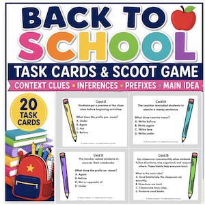 May include: A Back to School Task Cards & Scoot Game educational resource featuring 20 task cards. The design includes a red backpack, a stack of colorful books, and an apple. Four sample cards display multiple-choice questions about prefixes.