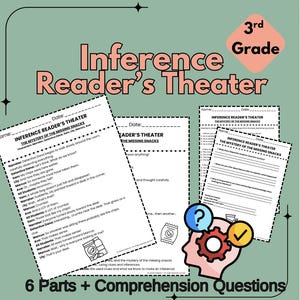 May include: Educational worksheets for 3rd grade, titled "Inference Reader's Theater". The sheets feature a play script, comprehension questions, and graphics of a brain, question mark, checkmark, and snack bag.
