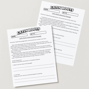 May include: Two white worksheets titled "LATIN ROOTS" with fill-in-the-blank sections. One worksheet is labeled "Narrative Passage," and the other is "Informational Passage." The worksheets have lines for the name and date.