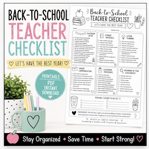 May include: A printable back-to-school teacher checklist document featuring sections for classroom setup, student materials, lesson planning, parent communication, and procedures. The design includes black text, line art icons, and a light blue mug with a heart.