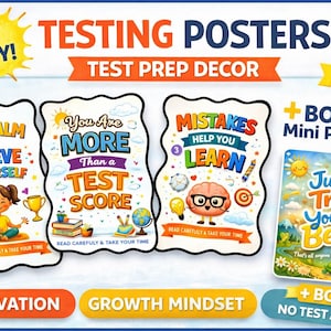 Könnte beinhalten: Eine Sammlung farbenfroher Testposter mit motivierenden Botschaften. Die Poster enthalten Sätze wie "Bleib ruhig & glaube an dich selbst", "Du bist mehr als eine Testnote" und "Fehler helfen dir zu lernen". Bonus-Mini-Poster sind ebenfalls enthalten. Das Thema ist Testvorbereitungsdekor.