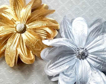 Metallic Rose or Dahlia Hair Flower Clip & Pin - Silver or Gold