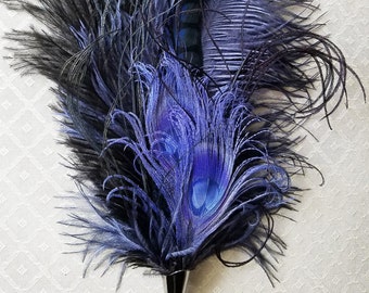 Blue Ostrich/Peacock Feather Hat Pin