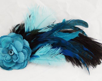 Turquoise Feather and Flower Fascinator Hair Clip/Pin