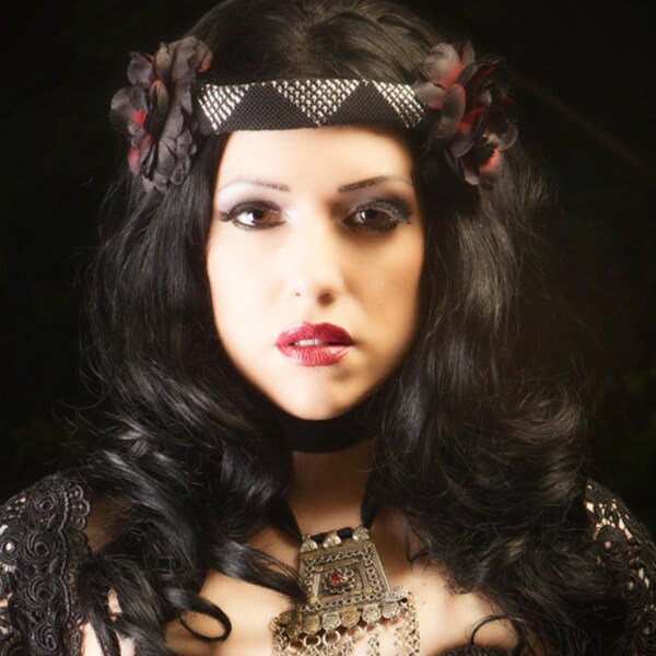 Black/Red Flower & Assuit Headdress / Tribal / Art Nouveau / Belle Epoque