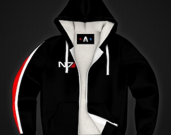 May include: Black fleece hoodie with white lining and a full zipper. Features a red and white stripe on the left sleeve and the text "N7 Fleece Hoodie Customizable!" The hoodie has the "N7" logo on the chest.