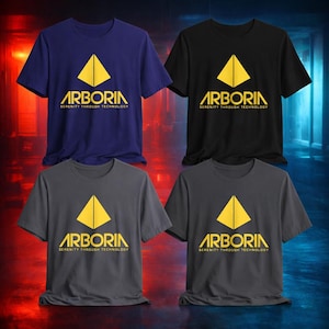 Op de afbeelding: Vier t-shirts in marineblauw, zwart, antracietgrijs en donkergrijs. Elk shirt heeft een gele driehoekontwerp boven het woord "ARBORIN" en de tekst "SERENITY THROUGH TECHNOLOGY" in geel.