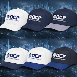 May include: A collection of baseball caps in various colors, including white, navy, and black. Each cap features the white text "OCP" and "OMNI CONSUMER PRODUCTS" on the front. The caps have a curved brim and a structured design.