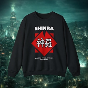 May include: Black crew neck sweatshirt with the word "SHINRA" above a red diamond with Japanese characters. Below the diamond is "ELECTRIC POWER COMPANY" and Japanese text. The sweatshirt is a long-sleeved top.