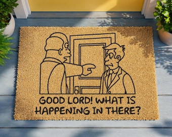 Felpudo "¡Dios mío, qué está pasando ahí!", Felpudo de entrada con jamones al vapor, Alfombra de fibra de coco con el meme de la Aurora Boreal, Decoración de la cultura pop con dibujos animados de los 90