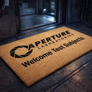 Peut inclure: Un paillasson rectangulaire avec le texte "APERTURE LABORATORIES Welcome Test Subjects" en noir. Le tapis est de couleur marron clair et présente le logo Aperture Laboratories.