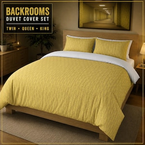 May include: A mustard yellow duvet cover set with a subtle textured pattern, including two matching pillow shams. The set features a white top border and is labeled with the text BACKROOMS DUVET COVER SET TWIN QUEEN KING in the upper left corner.