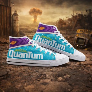 Peut inclure: Paire de baskets montantes en toile avec un design vibrant. Les baskets présentent un fond bleu clair avec le texte "Nuka-Cola Quantum" en blanc. Le haut de la chaussure est violet avec un motif de planète. Lacets et semelles blancs complètent le look.