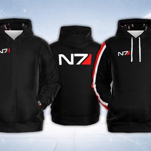 May include: Black hooded sweatshirts with the "N7" logo in white and red. One is a zip-up with white and red stripes on the sleeves. The other has the logo on the back. The third has white drawstrings.