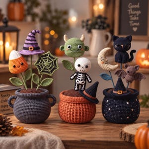 Handmade Cute Crochet Halloween Potted Plant Set, Spooky Cauldron Flower Pot Desk Decor, Amigurumi Witch Hat Black Cat Skeleton Bat Decor