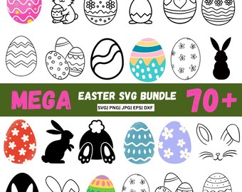 Easter Egg and Bunny SVG Bundle, Retro Easter Cricut Cut Files, Cute Bunny Silhouette PNG, Happy Easter Shirt Design