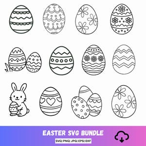 May include: Black and white Easter SVG bundle featuring various decorated eggs and a bunny holding an egg. The design includes floral, heart, and geometric patterns. Text at the bottom reads "EASTER SVG BUNDLE".