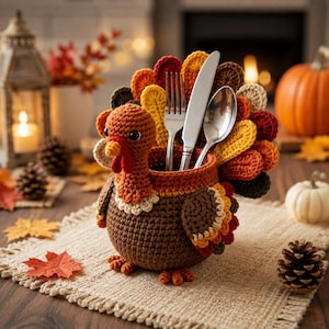May include: A crochet turkey utensil holder featuring a brown body, a red wattle, and a colourful fan-shaped tail in shades of orange, yellow, red, and dark brown. The hollow centre holds a silver fork, a silver knife, and a silver spoon.