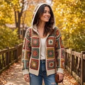 May include: A zip-up hooded jacket constructed from multicolored crochet granny squares in shades of rust, sage green, mustard yellow, and cream. The garment features a front zipper closure, long sleeves with ribbed cuffs, and a matching ribbed hem.