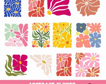 Abstract Floral SVG and PNG Bundle, Retro Flower Graphics (Digital Download)