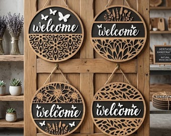Welcome Sign SVG, Layered Round Door Hanger Laser Cut File, Round door hanger svg, Floral Door Sign, Farmhouse decor, Glowforge Files, xTool
