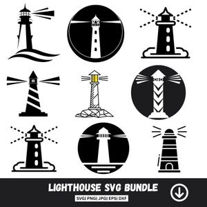 May include: A collection of nine lighthouse designs in black and white, with one featuring yellow accents. The lighthouses vary in style, some with waves, circles, and stripes. The text "LIGHTHOUSE SVG BUNDLE" is at the bottom.