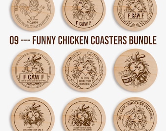 Funny Chicken Coaster SVG Bundle Laser Engraving Designs Wood Coaster Files