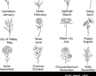 Birth Month Svg Bundle, Flower Svg, Floral svg, Botanical svg, Rose svg, Daisy svg, Poppy svg, Birthday svg, Custom Birth Flower,Tattoo svg