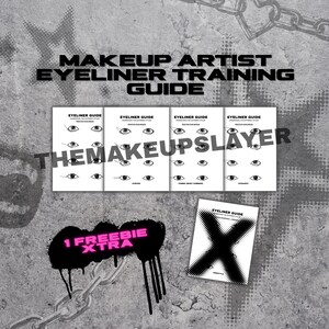 Könnte beinhalten: Ein Make-up-Artist-Eyeliner-Trainingshandbuch mit mehreren Broschüren, die verschiedene Eyeliner-Stile zeigen. Der Text "THEMAKEUPSLAYER" ist sichtbar. Ein Werbegeschenk ist enthalten. Der Hintergrund ist eine strukturierte graue Oberfläche.