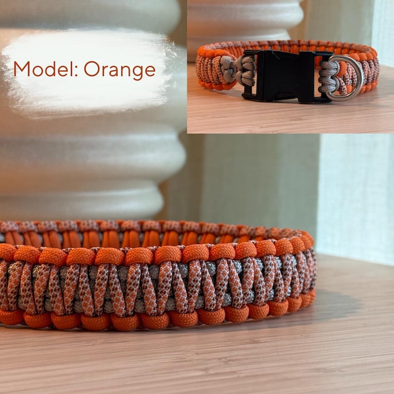 Peut inclure: Bracelet en paracorde orange et grise avec une boucle en plastique noir et un anneau en m&eacute;tal argent&eacute;. Le bracelet est fait de cordon de nylon tiss&eacute;. Le texte "Model: Orange" est en haut &agrave; gauche.
