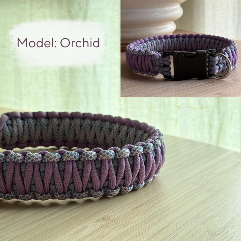 Peut inclure: Collier pour chien mod&egrave;le "Orchid", tiss&eacute; en violet et gris. Il est &eacute;quip&eacute; d'une boucle en plastique noir et d'un anneau en D en m&eacute;tal argent&eacute;. Le texte "Model: Orchid" est visible. Accessoire pour animaux.