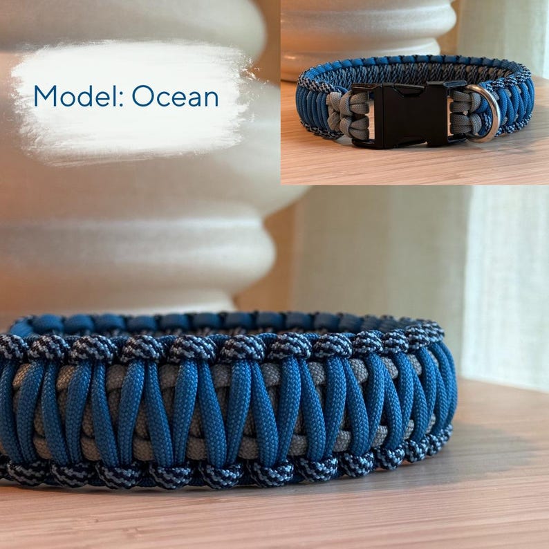 Peut inclure: Collier pour chien tiss&eacute; bleu et gris avec une boucle en plastique noir et un anneau en D en m&eacute;tal. Le collier est fait de corde de nylon tiss&eacute;e et porte le texte "Model: Ocean".