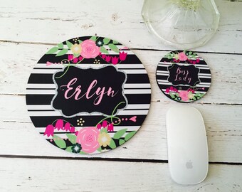 Mousepad & Coaster Set, monogram gift, office desk accessories, office gifts, corporate gift, floral, stripes, owl,