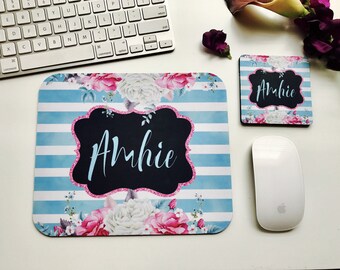 Florals and stripes Mousepad  and coaster set, monogram gift, office desk accessories, office gifts, watercolor floral