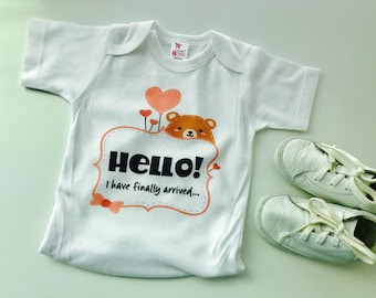 Hello I finally arrived onesie going home outfit baby onesies baby girl onesie pink and bear baby gift
