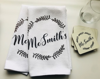 Personalized Bar or Kitchen gift set Dish towels and coasters Bar towels and hardboard coasters Holiday gifts Housewarming gift