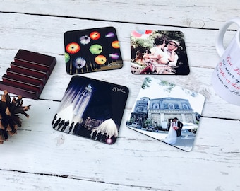 Photo coasters with mahogany stand, original photographs wedding gift artwork photo coasters set bar accessories drinkware personalized gift