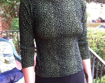 Vintage from 1980 Green Leopard Velvet Shirt Top Burn Out Leopard Green and Black Print Stretch Top Sexy Hot Rockin  s t r e t c h