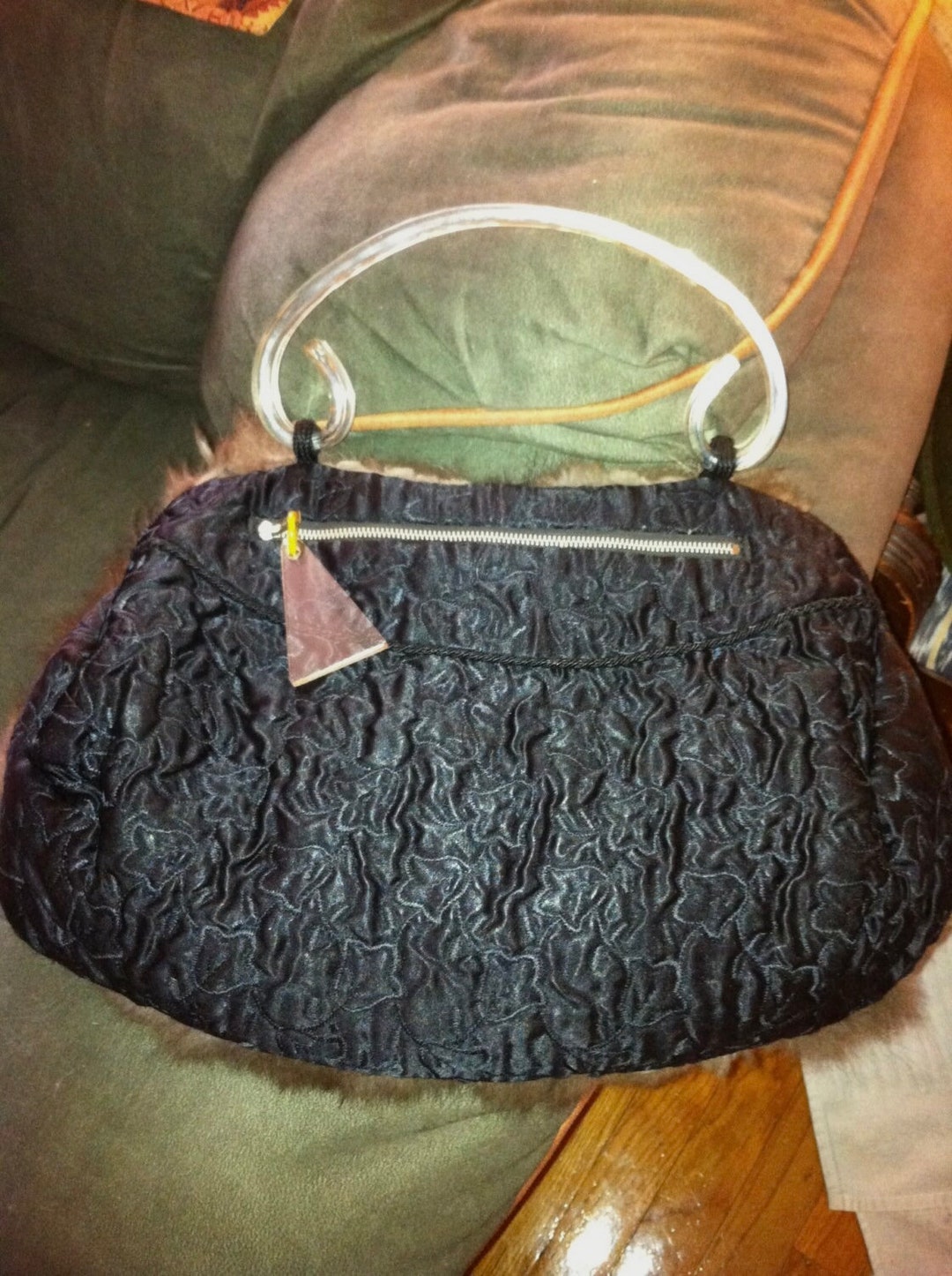 Vintage Muff Purse Handbag Fox Fur With Carved Lucite Handle and 