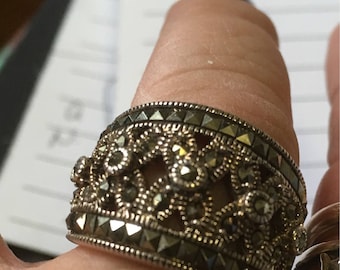 Marcasite Sterling Silver Wide Tapered Band Ring Gray Pyrite Wedding Band Thumb Ring