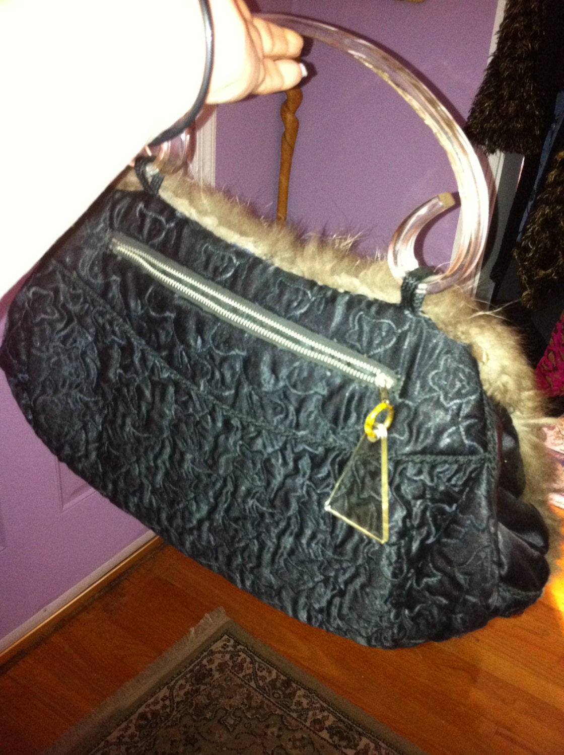 Vintage Muff Purse Handbag Fox Fur With Carved Lucite Handle and 