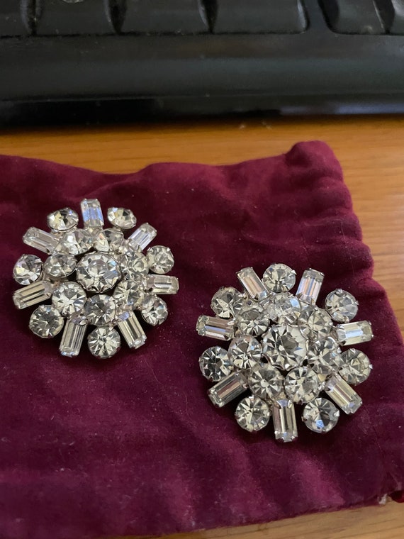 Vintage rhinestone round clip earrings. Baguettes… - image 2