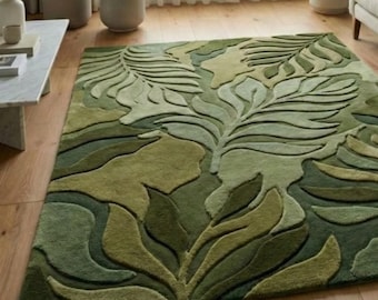 Alfombra botánica moderna verde, alfombra de lana tejida a mano, alfombra con diseño de hojas en 3D, alfombra para sala de estar inspirada en la naturaleza, alfombra verde de lujo hecha a mano.