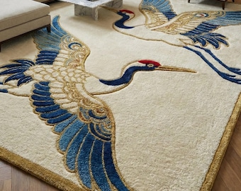 Alfombra de lujo con diseño de grulla, alfombra de lana tejida a mano, alfombra con diseño de grulla oriental, alfombra de estilo japonés, elegante alfombra decorativa para la sala de estar.
