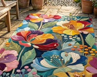 Colorful Floral Outdoor Rug Boho Garden Area Rug Vibrant Botanical Patio Carpet Modern Flower Accent Rug Waterproof Terrace Decor nturl rug