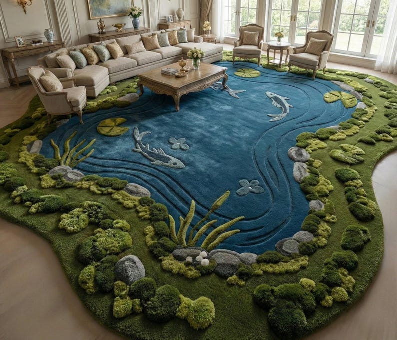 Puede incluir: Una alfombra grande y personalizada con un dise&ntilde;o de estanque. La alfombra presenta un centro azul con peces koi y nen&uacute;fares, rodeado de musgo verde y detalles de roca. La alfombra est&aacute; en una sala de estar con muebles beige.