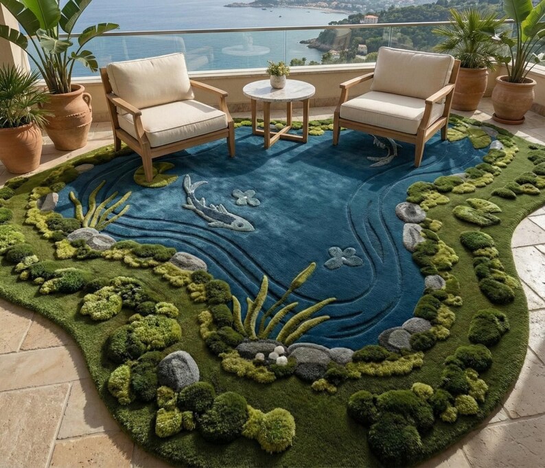 Puede incluir: Una alfombra de exterior &uacute;nica con un dise&ntilde;o de estanque. La alfombra presenta un centro azul con una carpa koi y nen&uacute;fares, rodeado por un borde verde texturizado que se asemeja a un jard&iacute;n. Dos sillas de madera con cojines crema y una mesa peque&ntilde;a est&aacute;n en el patio.